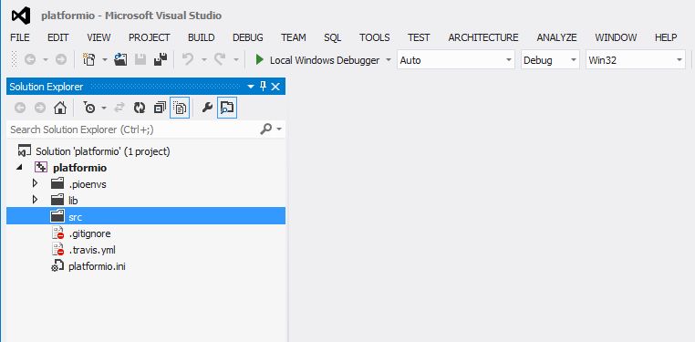Visual Studio Interface, with PlatformIO Project Open