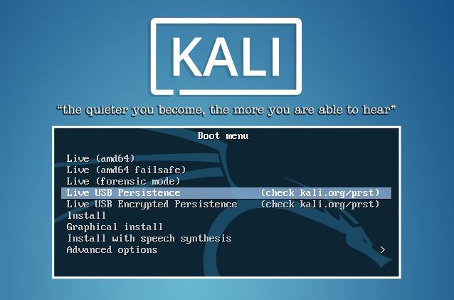 GRUB Boot Menu, Select Kali Live Persistence