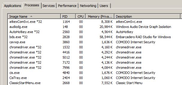 Windows processes list, showing multiple chromedriver.exe open in memory.